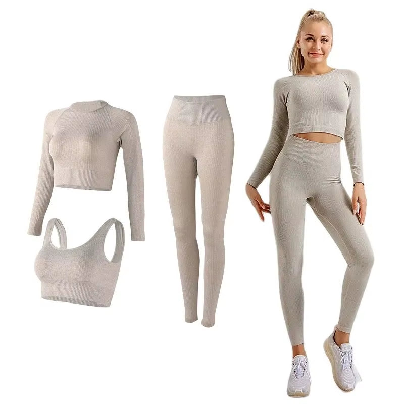 Women'S Sportswear Yoga Set Workout Clothes Athletic Wear Sports Gym Legging Seamless Fitness Bra Crop Top Long Sleeve Yoga Suit