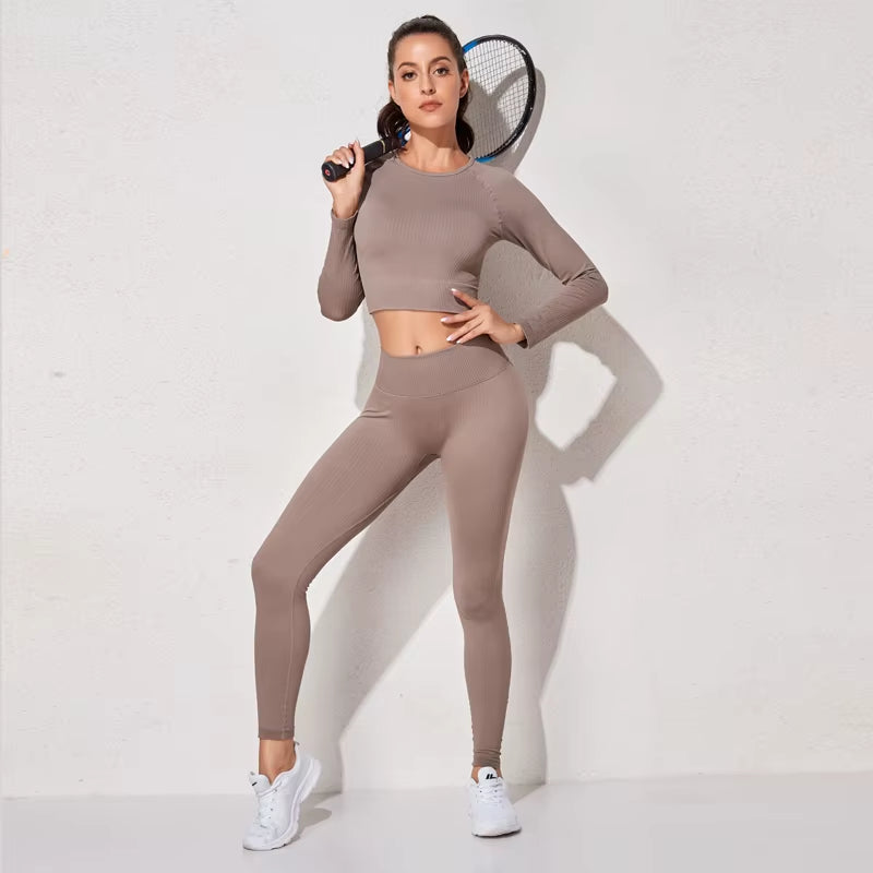 Women'S Sportswear Yoga Set Workout Clothes Athletic Wear Sports Gym Legging Seamless Fitness Bra Crop Top Long Sleeve Yoga Suit